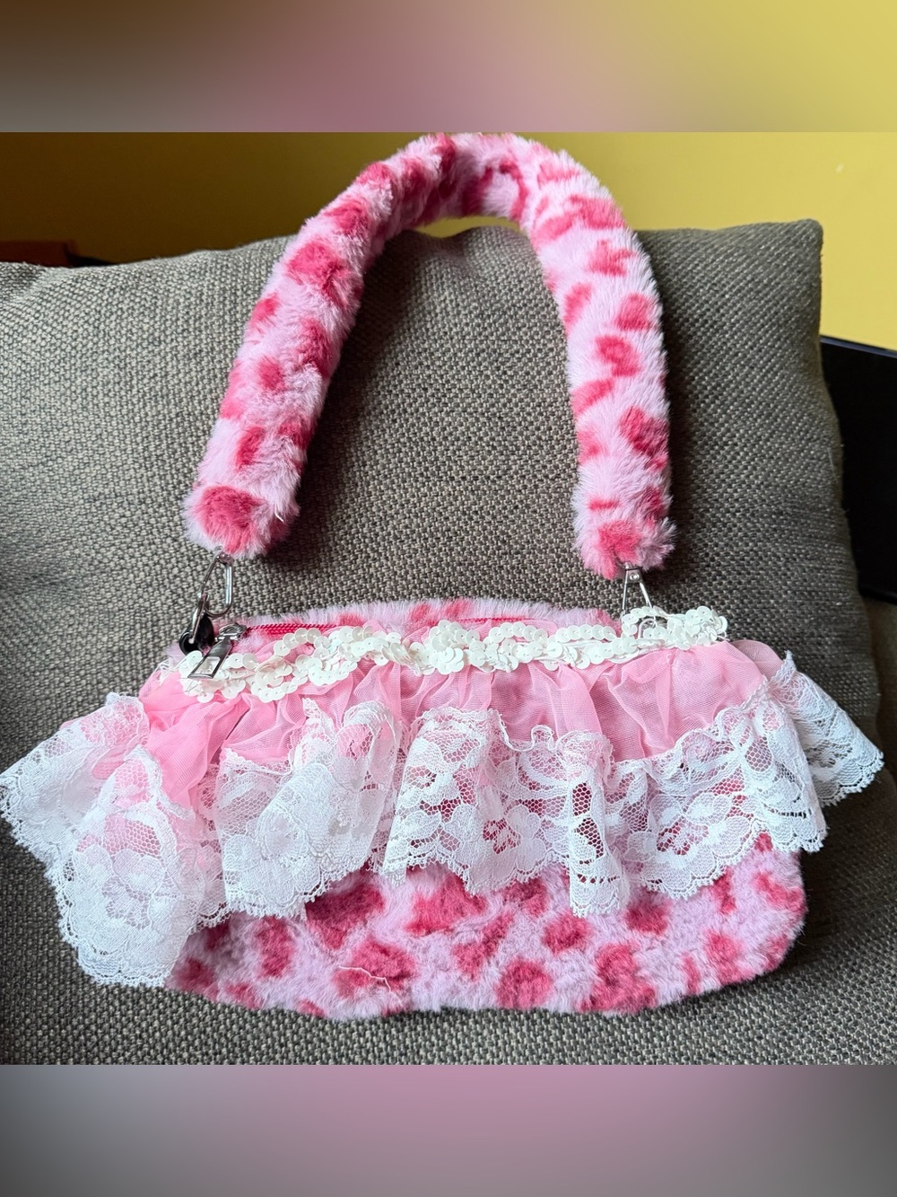 Pink Plush Lace shoulder bag katseye pinky up inspo Upcycled bag animal print